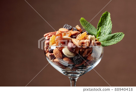 Nuts and raisins garnished with mint. Nuts and raisins garnished with mint. 88940418