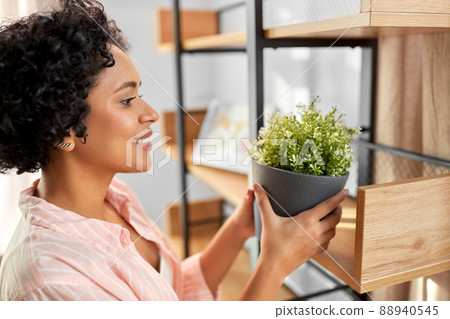 woman decorating home with flower or houseplant 88940545