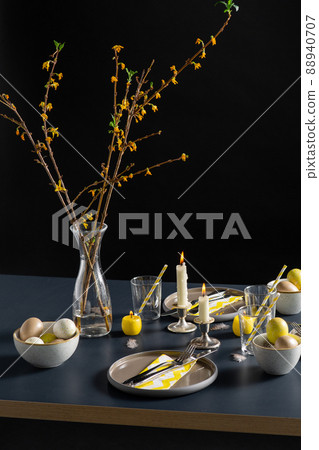 close up of easter table serving over black 88940707