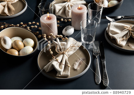 close up of easter table serving over black 88940729