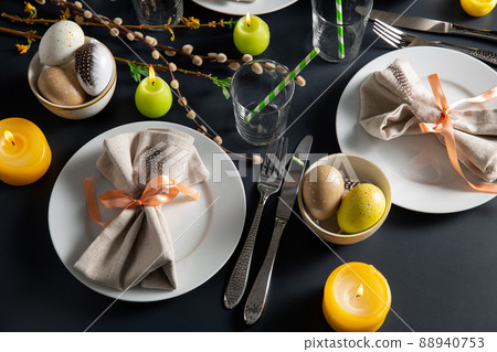 close up of easter table serving over black 88940753