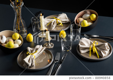 close up of easter table serving over black 88940858