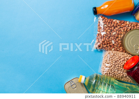 close up of packed food on blue background close up of packed food on blue background 88940911