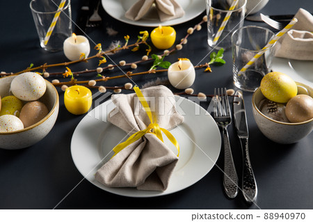 close up of easter table serving over black 88940970