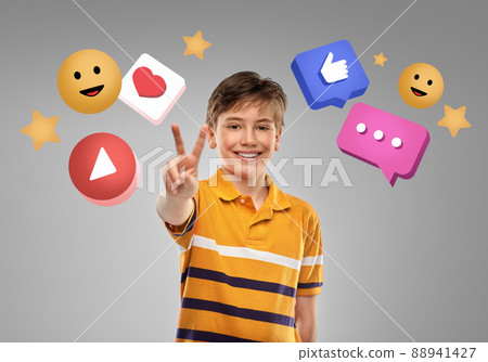 happy boy showing peace over internet icons happy boy showing peace over internet icons 88941427