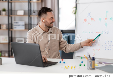 chemistry teacher with laptop having online class chemistry teacher with laptop having online class 88942164