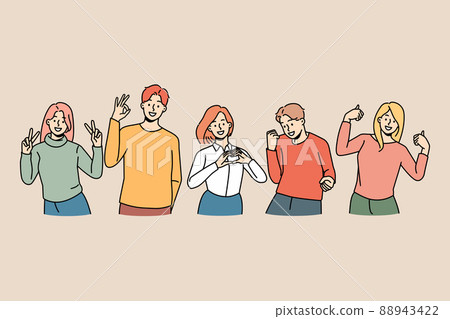 Smiling people showing hand gesture expressing emotions  88943422