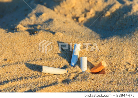 Cigarette butts in yellow sand on sea beach on coast. Concept of environmental pollution. Problem of humanity. Cigarette smoking, bad habit. Nicotine addiction. Garbage 88944475