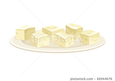 Cubes of Tofu or Soy Bean Curd from Edible Legume Plant Rested on Plate Vector Illustration 88944676