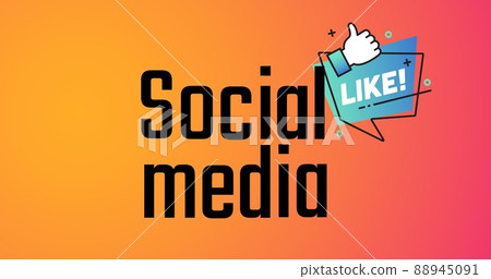 Illustration of social media and like text with thumbs up icon over orange background, copy space 88945091