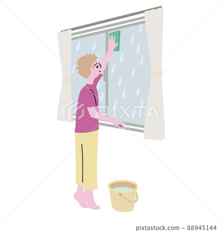 Illustration of a man cleaning windows while stretching on a rainy day Illustration of a man cleaning windows while stretching on a rainy day 88945144