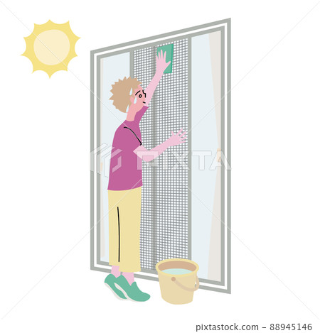 Illustration of a man cleaning a screen door while stretching his back 88945146