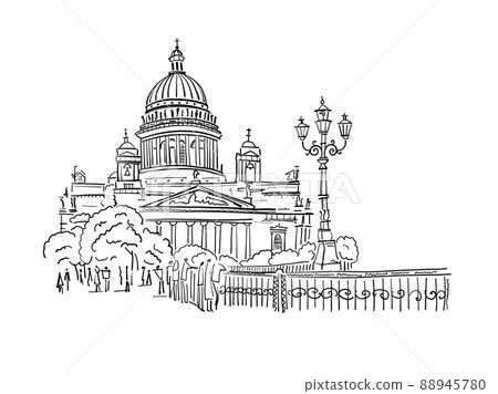 Saint Isaac Cathedral of Saint Petersburg landmark, Russia. Sketch for your design. Colouring page 88945780