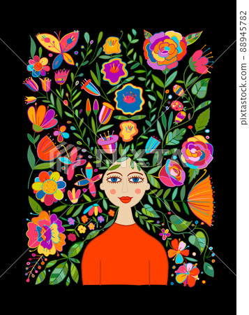 Floral female portrait, pretty woman with floral hairs. Design for fashion cards, banners, posters Floral female portrait, pretty woman with floral hairs. Design for fashion cards, banners, posters 88945782