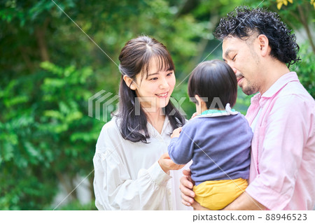 Parents interacting with a 1 year and 10 month old boy 88946523