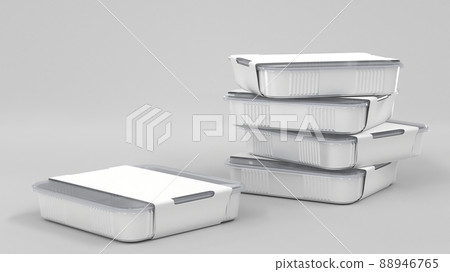 Stack white plastic disposable food containers. Realistic mockup sushi delivery box with transparent cap and blank paper wrap. Rectangle packaging template, meal lunch take away 3d render illustration 88946765