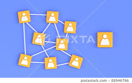 Cubes with person icons linked white lines on blue background. Concept of teamwork, customer connection, project team management, recruitment personnel, organization structure social network 3d render 88946766