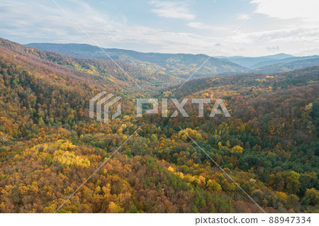 Colorful autumn view of the Caucasus mountains. Great view of the yellow trees. Colorful autumn view of the Caucasus mountains. Great view of the yellow trees. 88947334
