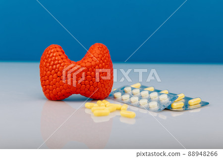 Health care and cancer prevention concept. Thyroid with medicines on the doctor's table close-up Health care and cancer prevention concept. Thyroid with medicines on the doctor's table close-up 88948266