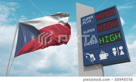 Gas station sign board with rising fuel prices and national flag of the Czech Republic, conceptual 3D rendering Gas station sign board with rising fuel prices and national flag of the Czech Republic, conceptual 3D rendering 88948556