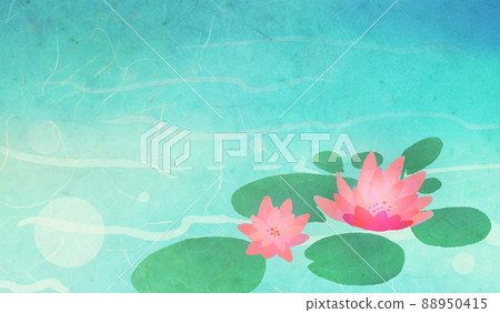 Water lily pond with foil Japanese paper texture Japanese style background illustration Natural color of red flowers Water lily pond with foil Japanese paper texture Japanese style background illustration Natural color of red flowers 88950415