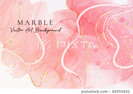 Rose pink liquid watercolor background with golden dots. Royal blush marble alcohol ink drawing effect. Vector illustration design template for wedding invitation, menu, rsvp 88950892
