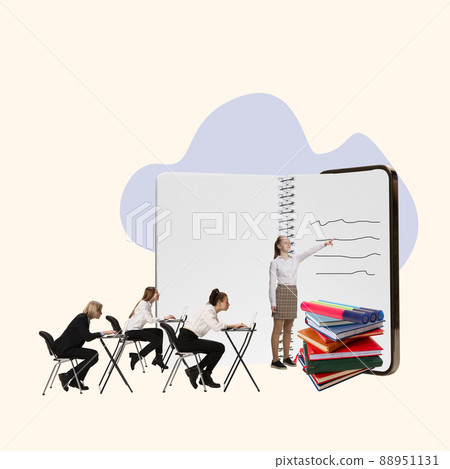 Contemporary art collage. Young people having lesson, offlline course. Teen girl pointing at open book and giving information 88951131