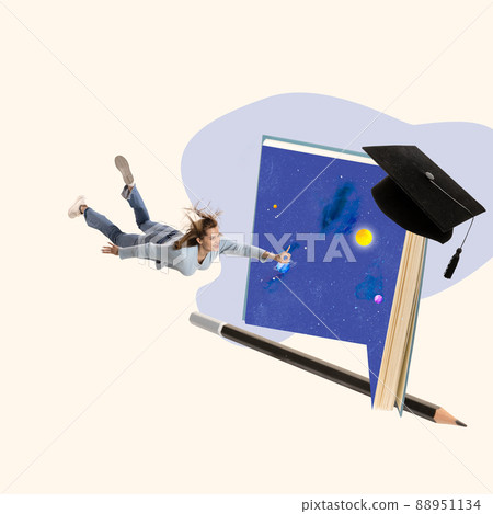 Contemporary art collage. Young cheerful woman flying into open book symbolizing new knowledges. Concept of education Contemporary art collage. Young cheerful woman flying into open book symbolizing new knowledges. Concept of education 88951134