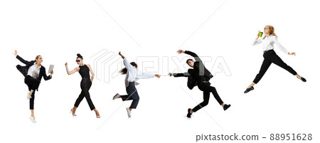Set of emotional office workers jumping and dancing isolated on white background. Business, motion, immigration concept. Creative collage. Set of emotional office workers jumping and dancing isolated on white background. Business, motion, immigration concept. Creative collage. 88951628