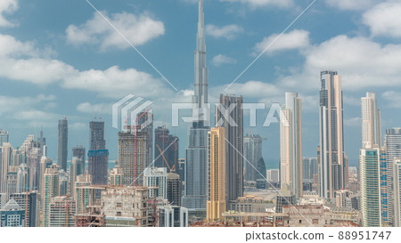 Panoramic skyline of Dubai with business bay and downtown district timelapse. 88951747