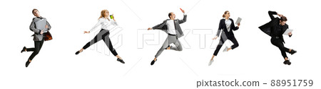 Set of emotional office workers jumping and dancing isolated on white background. Business, motion, immigration concept. Creative collage. Set of emotional office workers jumping and dancing isolated on white background. Business, motion, immigration concept. Creative collage. 88951759