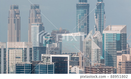 Skyline with modern architecture of Dubai business bay towers timelapse. Aerial view Skyline with modern architecture of Dubai business bay towers timelapse. Aerial view 88951802