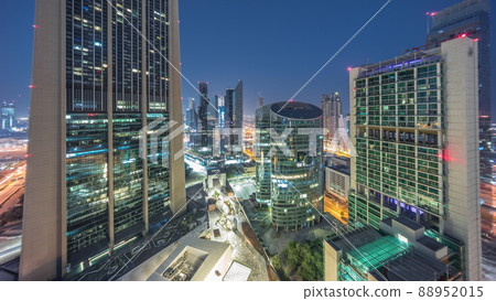 Dubai international financial center skyscrapers aerial night to day timelapse. 88952015