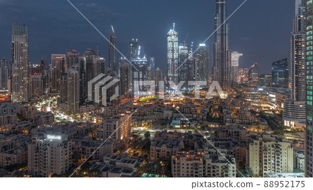 Dubai Downtown night to day timelapse with tallest skyscraper and other towers 88952175
