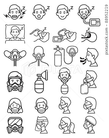 Oxygen masks and sleep aids icons vector illustrations Oxygen masks and sleep aids icons vector illustrations 88952219