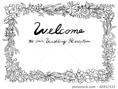 Wedding welcome board line drawing square wreath black Wedding welcome board line drawing square wreath black 88952533