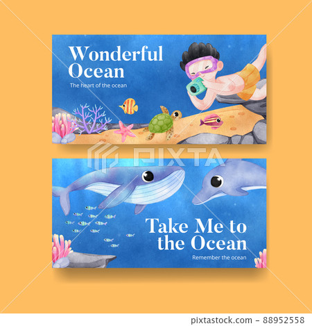 Twitter template with explore ocean world concept,watercolor style Twitter template with explore ocean world concept,watercolor style 88952558