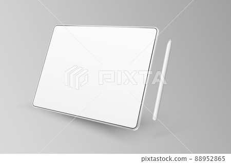 Empty tablet and pen on a light background. Device in perspective view. Tablet mockup from different angles. Illustration of device 3d screen Empty tablet and pen on a light background. Device in perspective view. Tablet mockup from different angles. Illustration of device 3d screen 88952865