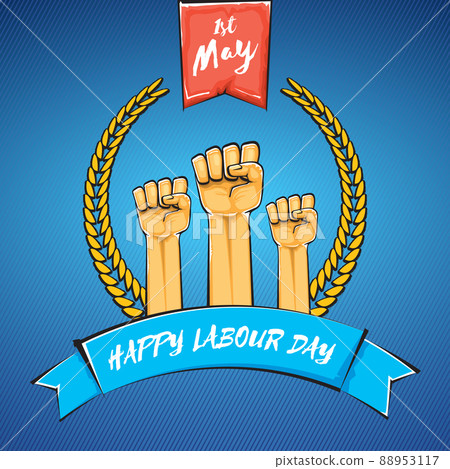 Happy labour day vector label with strong orange fist isolated on blue background. vector happy labor day background with man hand. red workers may day poster Happy labour day vector label with strong orange fist isolated on blue background. vector happy labor day background with man hand. red workers may day poster 88953117