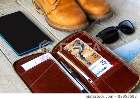 Tracking boot , tickets holder, map and sunglasses on the wooden background 88953698