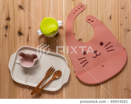 Stock Photos | Baby food apron and tableware set Children 88954081