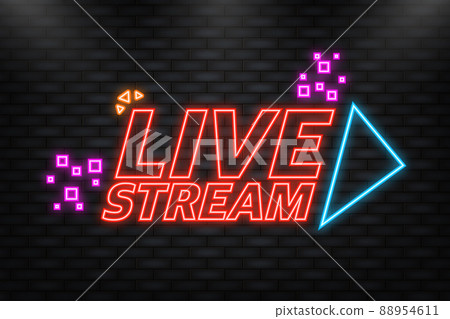 Neon Icon. Live stream logo - red vector design element with play button for news and TV or online broadcasting. 88954611