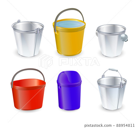 Bucket vector bucketful and bitbucket plastic pail empty or with water bucketing down in garden and garbagepail or pailful for gardening set illustration isolated on transparent background 88954811