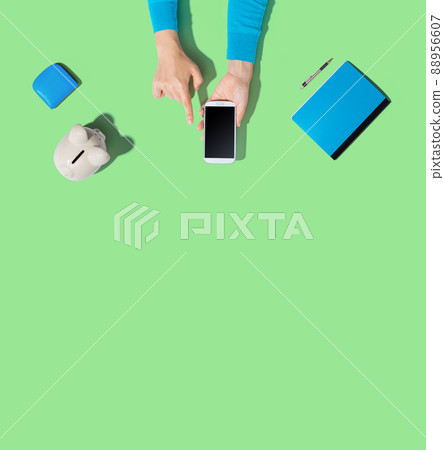 Person using smartphone with piggy bank 88956607
