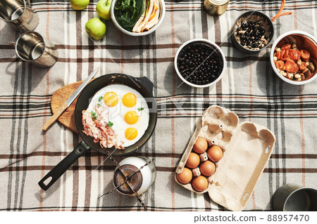 High angle view of fried eggs on pan, thermos mugs, wildberry and burner on checkered plaid outdoors 88957470