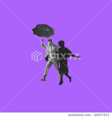 Contemporary art collage. Stylish man walking under umbrella with space silhouette of woman isolated over purple background 88957853