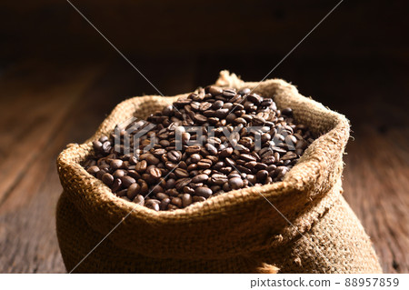 Roasted coffee beans in burlap sack. Roasted strong aromatic dark brown coffee beans in burlap sack 88957859