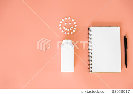 Pills on pink background, flat lay, medicine concept. 88958017