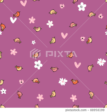 Seamless pattern with funny colorful birds. Color flat vector illustration with little cartoon bird. Cute characters. Template design for invitation, poster, card, flyer, textile, fabric for kids 88958199