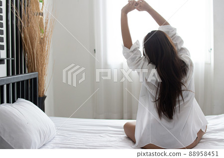 Portrait young smile happy beautiful asian woman relax bedroom. Portrait young smile happy beautiful asian woman relax bedroom. 88958451